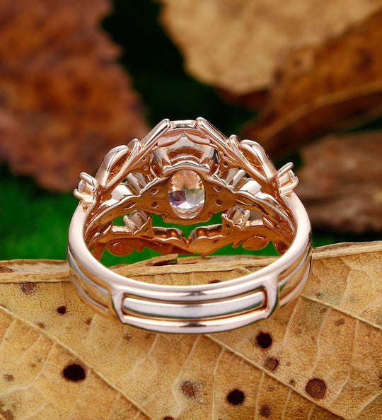 Moissanite Wedding Ring Set Vintage Rose Gold Oval Shaped Moissanite Engagement Ring Set Nature Inspired Leaf Branch Ring Band