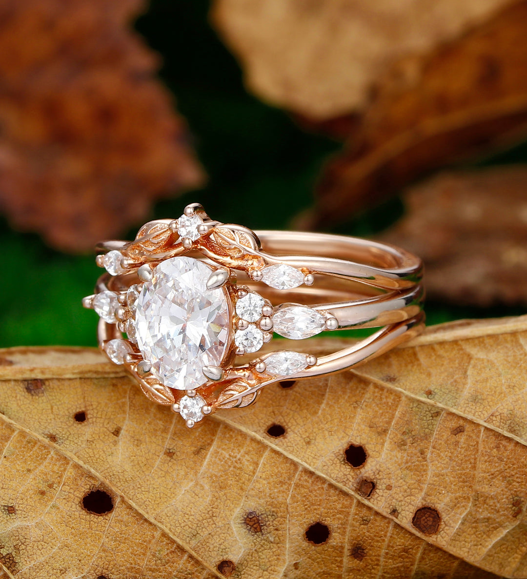 Antique Oval Cut Moissanite Engagement Ring Set Dainty Leaf Stacking Matching Ring Rose Gold