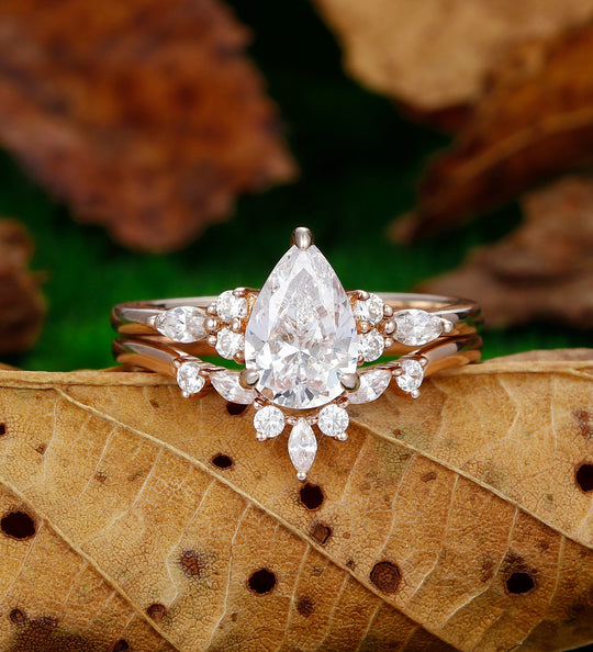 Unique 1.5Carat Pear Shaped Moissanite Engagement Ring Set Rose Gold 7 Stone Marquise Cluster Wedding Ring Set Women Jewelry