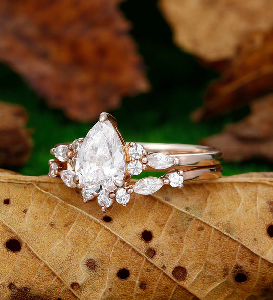 Vintage Pear Shaped Moissanite Wedding Ring Set Unique 14k Rose Gold Moissanite Stacking Promise Ring