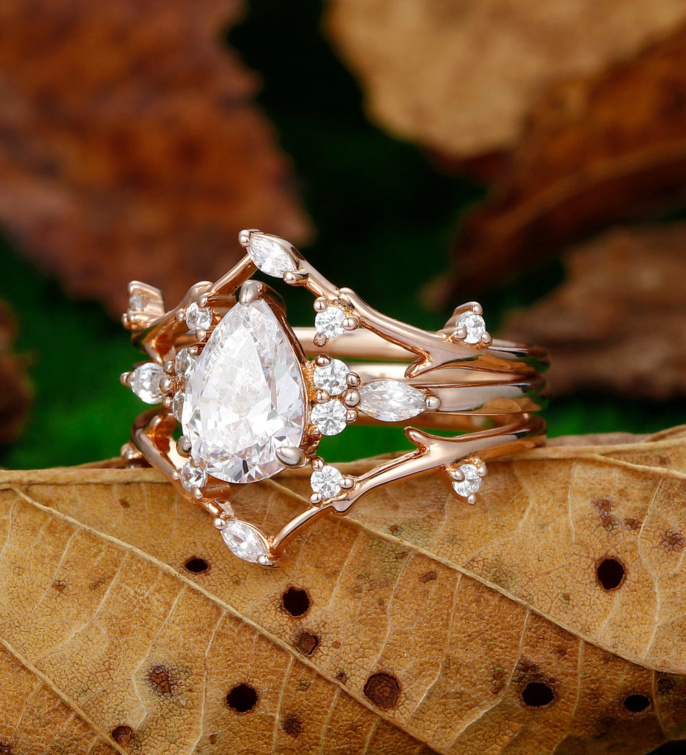 Moissanite Ring Set Pear Shaped Moissanite Engagement Ring Vintage Unique Nature Inspired Curved Branch Band