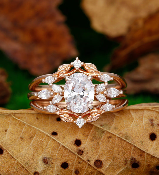 Cluster Vintage Moissanite Engagement Ring Set 14k Rose Gold Leaf Branch Bridal Set Moissanite Antique Stacking Matching Ring