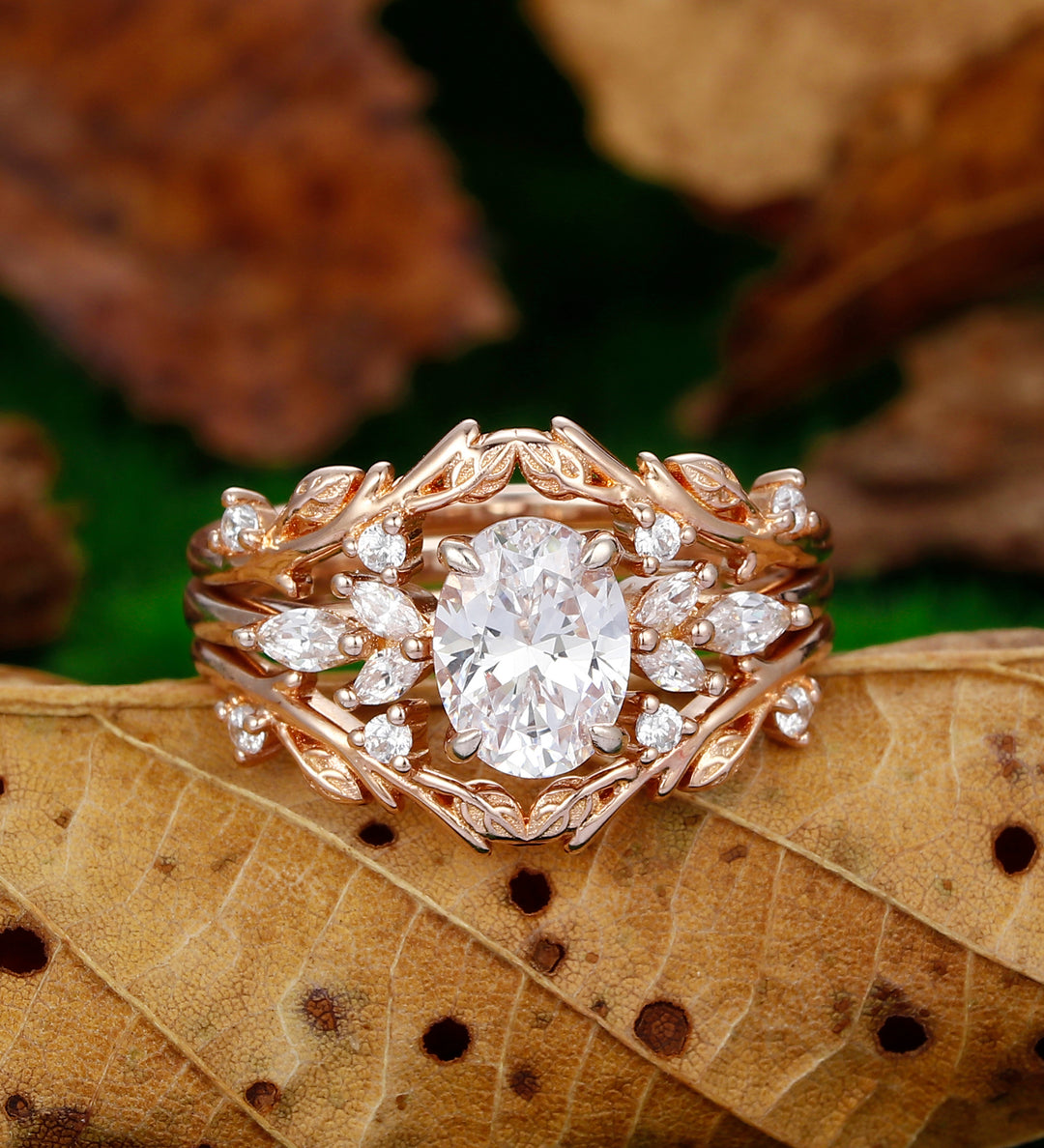 Dainty Oval Shaped Moissanite Engagement Ring Leaf Half Eternity Ring Art Deco Promise Ring 14k Rose Gold