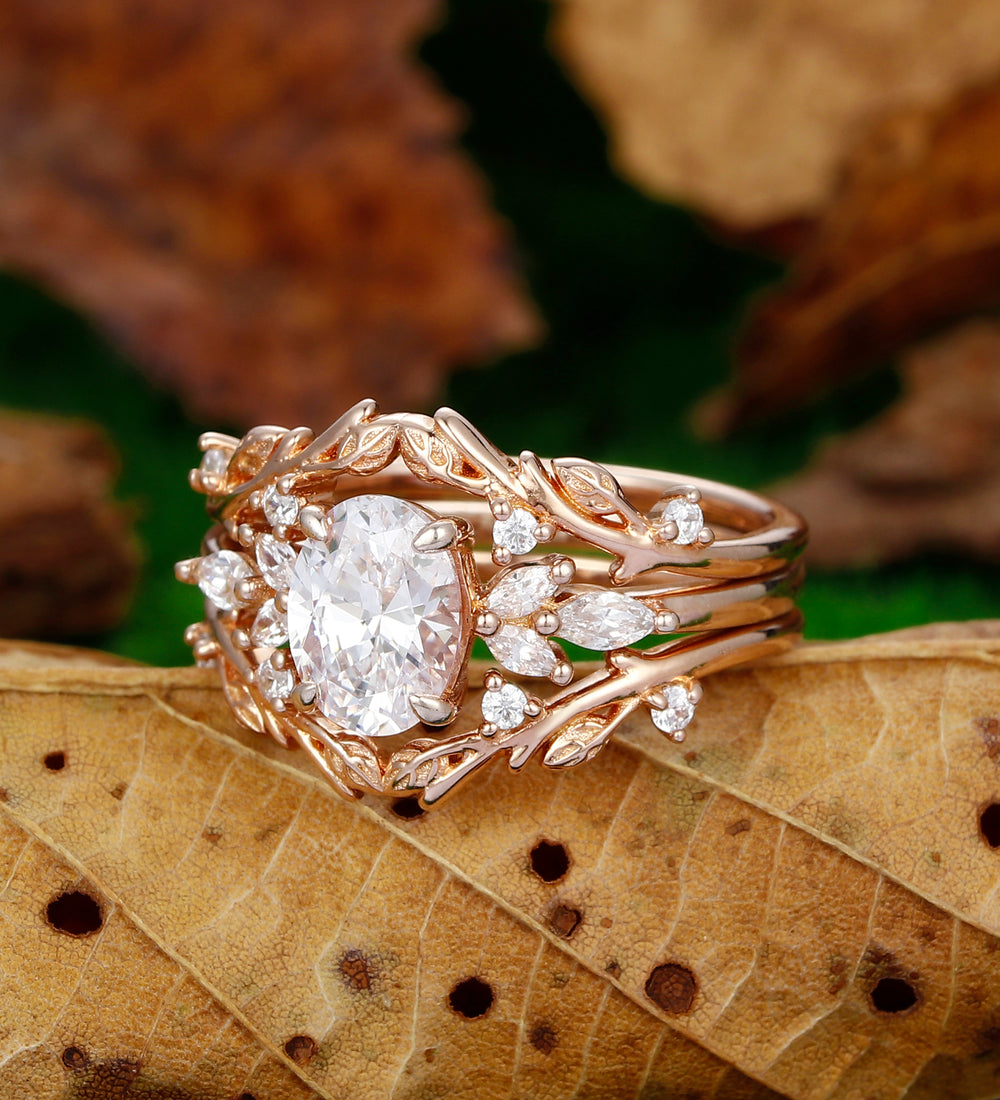 1.5CT Moissanite Bridal Set Oval Cut Moissanite Engagement Ring Nature Inspired Leaf Enhancer Ring Gemstone Bridal Ring Cluster Anniversary Gift
