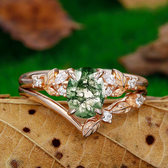 14k 18k Cluster Natural Moss Agate Engagement Ring Set Moissanite Leaf V Shaped Band