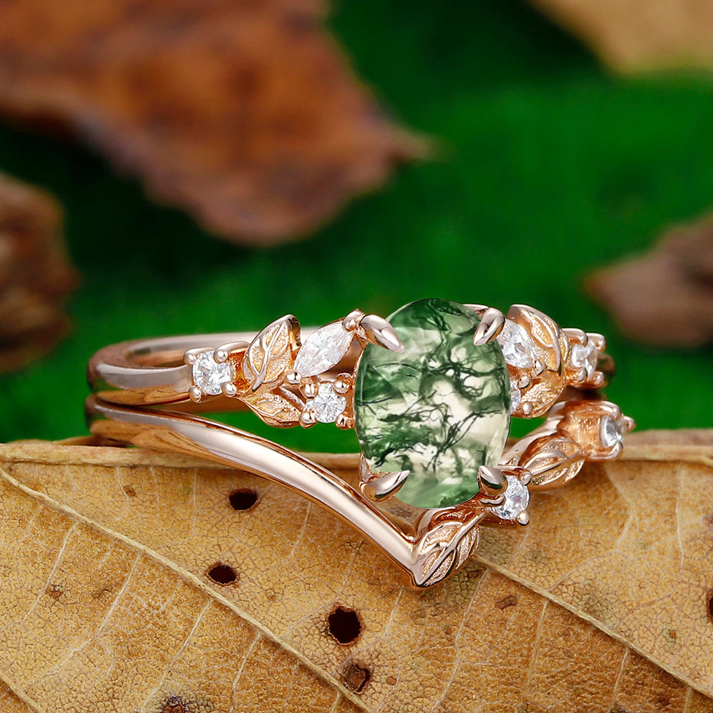 14k 18k Cluster Natural Moss Agate Engagement Ring Set Moissanite Leaf V Shaped Band