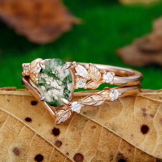 14k 18k Cluster Natural Moss Agate Engagement Ring Set Moissanite Leaf V Shaped Band