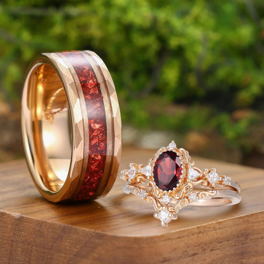 Baroque-inspired Oval Cut Natural Red Garnet His And Hers Rings Scrolled Couple Ring Set
