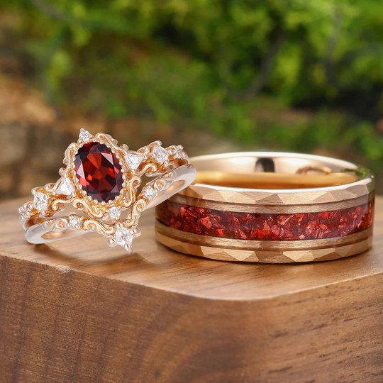 Baroque-inspired Oval Cut Natural Red Garnet His And Hers Rings Scrolled Couple Ring Set
