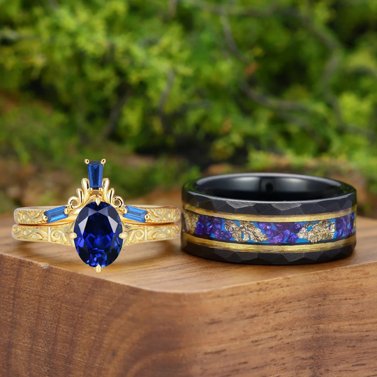 Retro 1.5CT Oval Sapphire Scrollwork Couple Ring Set Baroque-inspired Engraved Leaf Wedding Ring Set