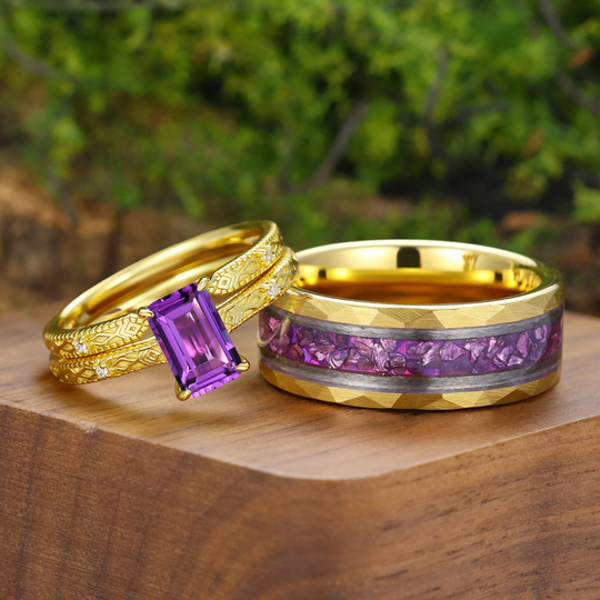 Art Deco Amethist Geometrische Gegraveerde Set Trouwringen Goud Vergulde Brede Band Zijn En Haar Ringen