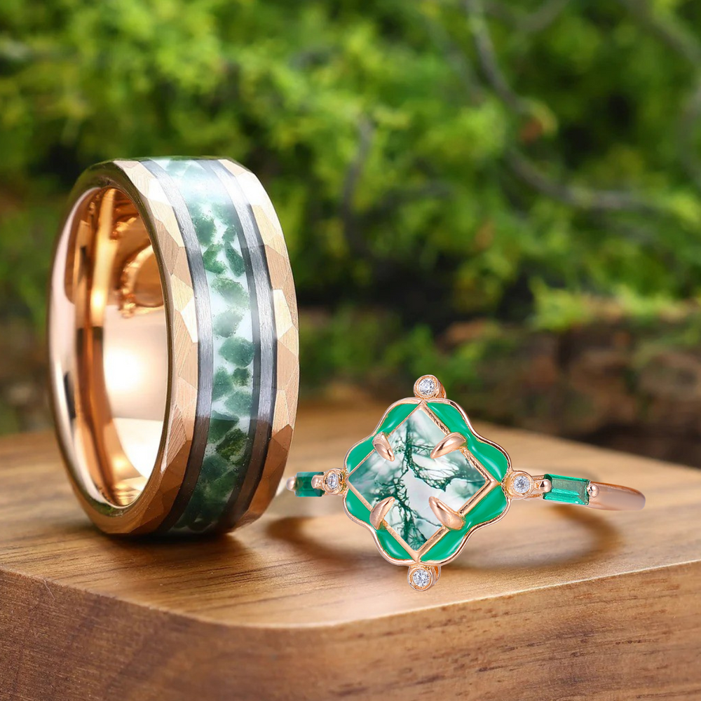 Anelli da coppia unici in agata muschiata naturale, stile floreale, Art Déco, verdi rivestiti in resina, per lui e per lei