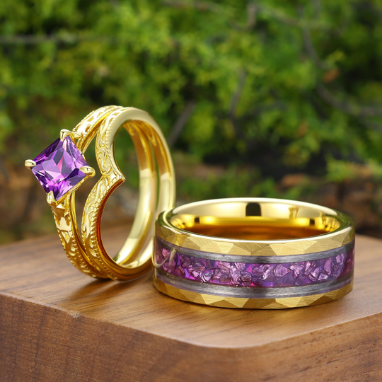 Vintage filigraan gegraveerde vierkante natuurlijke amethist set voor koppels, zijn en haar ringen