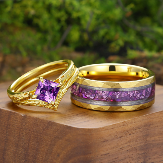 Vintage filigraan gegraveerde vierkante natuurlijke amethist set voor koppels, zijn en haar ringen