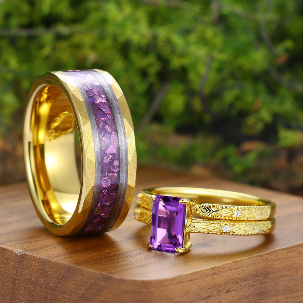 Art Deco Amethyst Geometric Engraved Couple Ring Set Gold Plated Wide Band His And Hers Rings