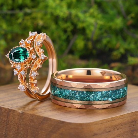 Vintage Ensemble de Bagues Ovales Émeraude Florales pour Couple Anneau Vigne Milgrainé Pour Lui et Pour Elle
