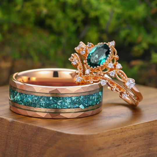 Vintage Ensemble de Bagues Ovales Émeraude Florales pour Couple Anneau Vigne Milgrainé Pour Lui et Pour Elle