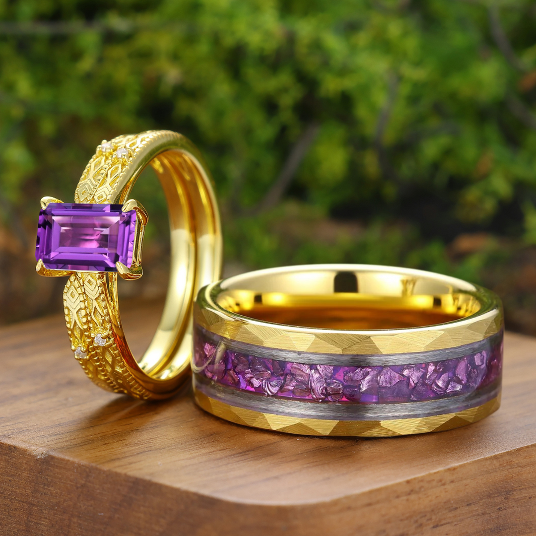 Art Deco Amethist Geometrische Gegraveerde Set Trouwringen Goud Vergulde Brede Band Zijn En Haar Ringen