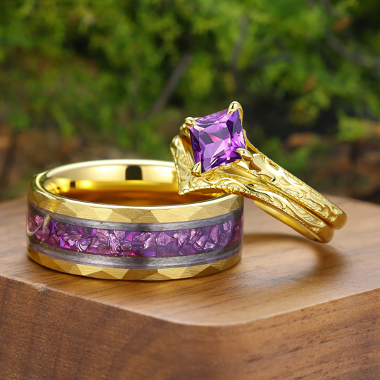Vintage filigraan gegraveerde vierkante natuurlijke amethist set voor koppels, zijn en haar ringen