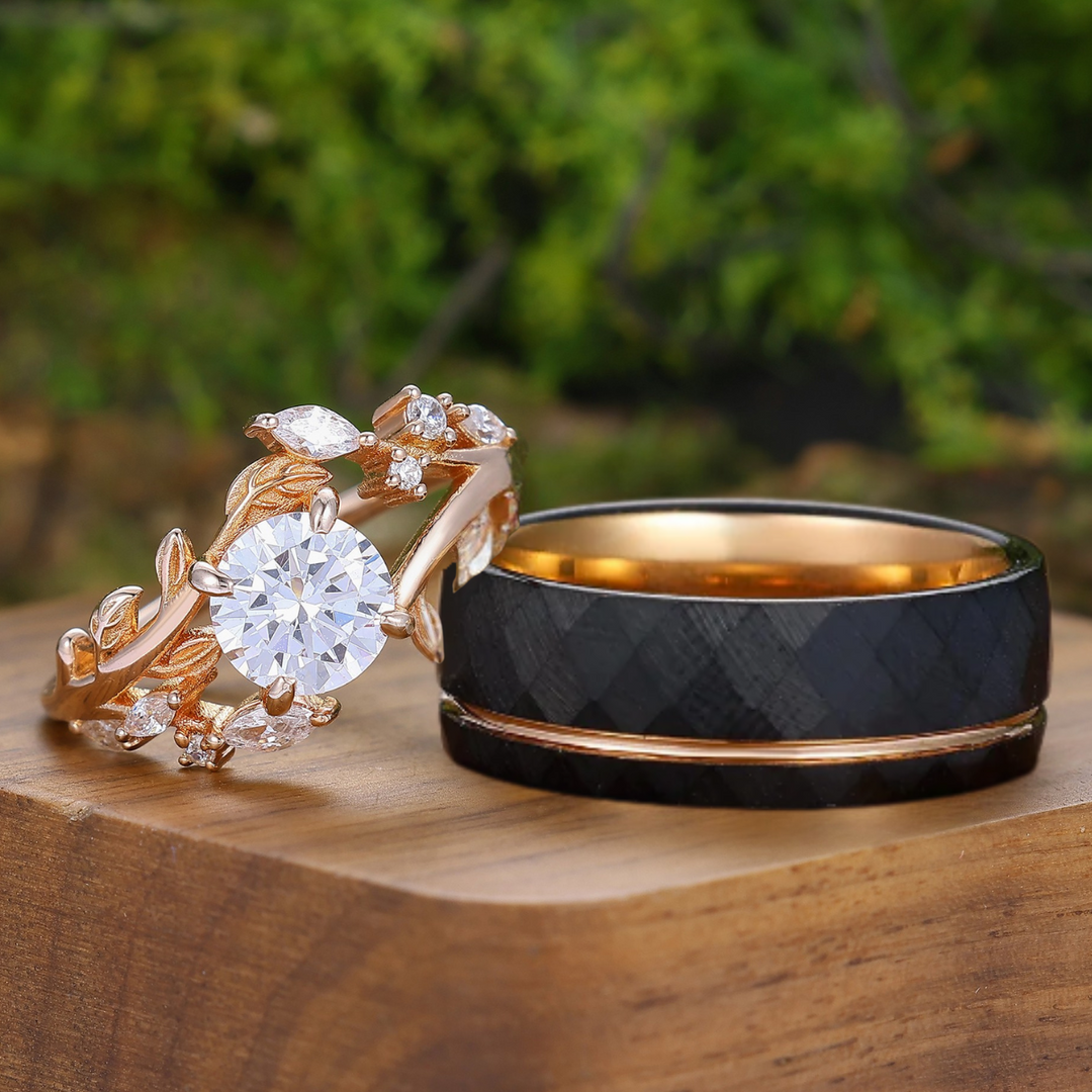 1,25CT Anello Coppia Inciso a Foglia con Moissanite Rotonda in Argento Sterling e Tungsteno Anelli Coordinati