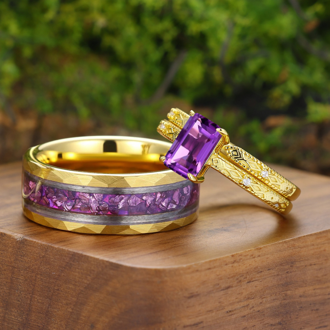 Art Deco Amethist Geometrische Gegraveerde Set Trouwringen Goud Vergulde Brede Band Zijn En Haar Ringen