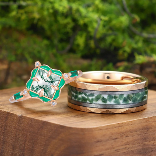 Unieke natuurlijke mosagaat stelringen in bloemenstijl, Art Deco, groen, met hars gecoat voor hem en haar