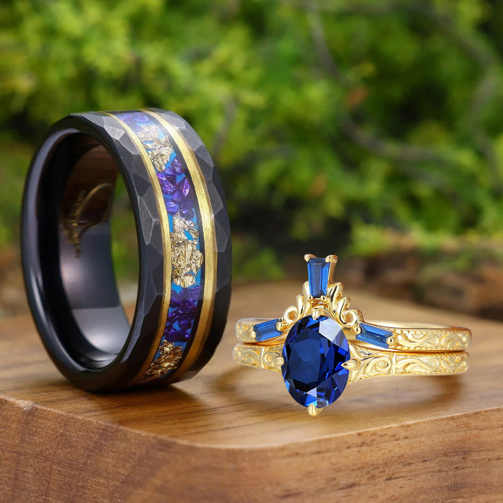 Retro 1.5CT Oval Sapphire Scrollwork Couple Ring Set Baroque-inspired Engraved Leaf Wedding Ring Set