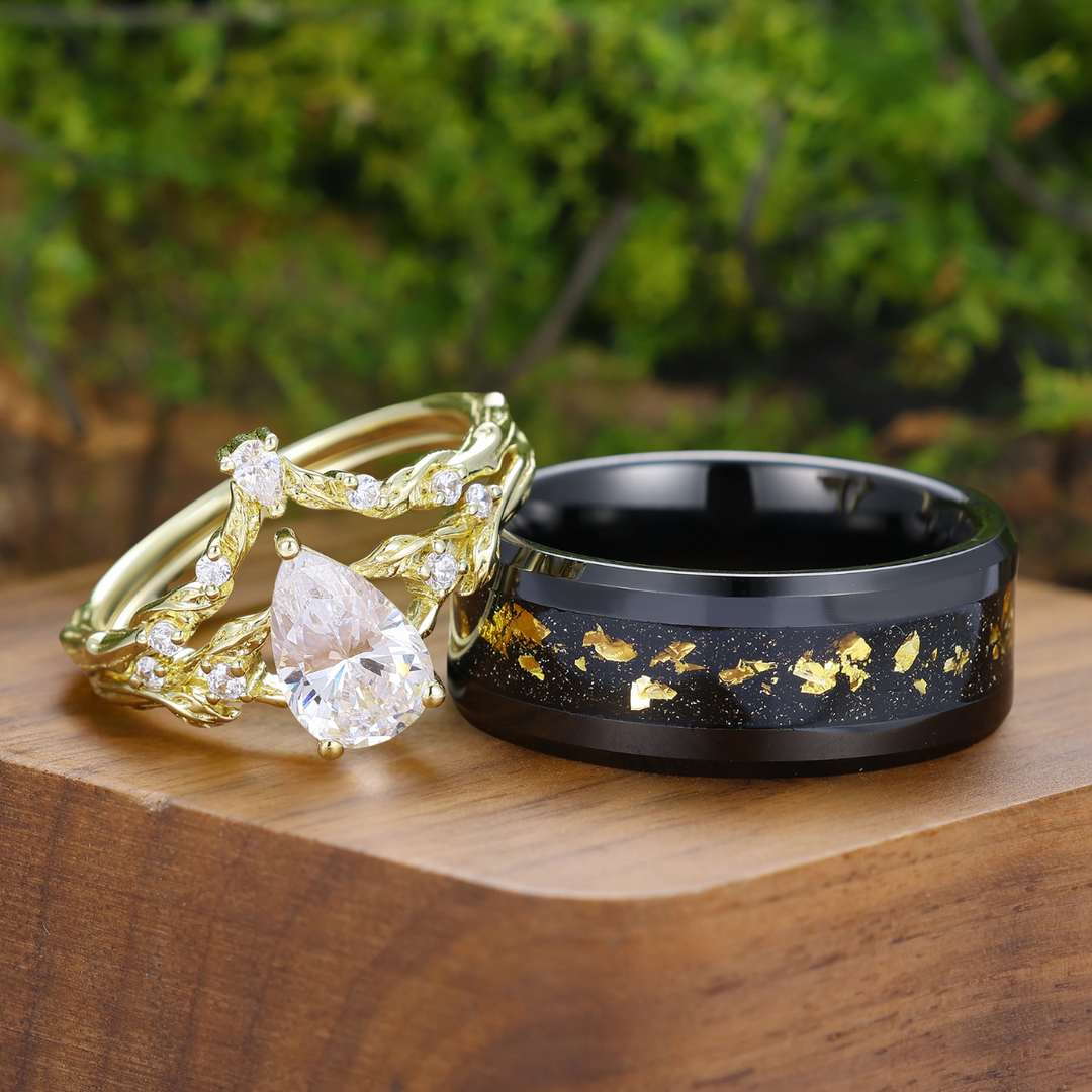 Conjunto de anillos de pareja con rama de moissanita inspirada en la naturaleza, anillos de boda a juego para él y para ella