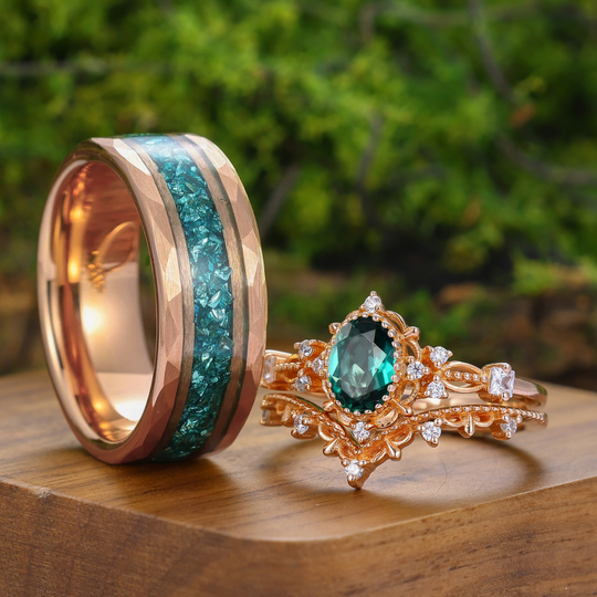 Vintage Ensemble de Bagues Ovales Émeraude Florales pour Couple Anneau Vigne Milgrainé Pour Lui et Pour Elle