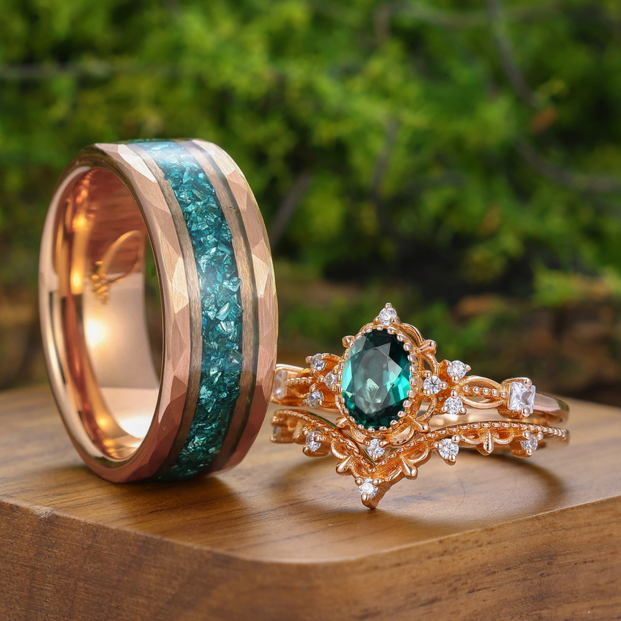 Vintage Oval Emerald Floral Couple Ring Set Vine Milgrained His and Hers Ring