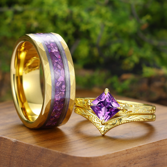 Vintage filigraan gegraveerde vierkante natuurlijke amethist set voor koppels, zijn en haar ringen