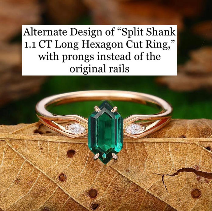 Custom Order - Split Shank 1.1 CT Long Hexagon Cut 14k Gold Emerald Claw Prongs Engagement Ring
