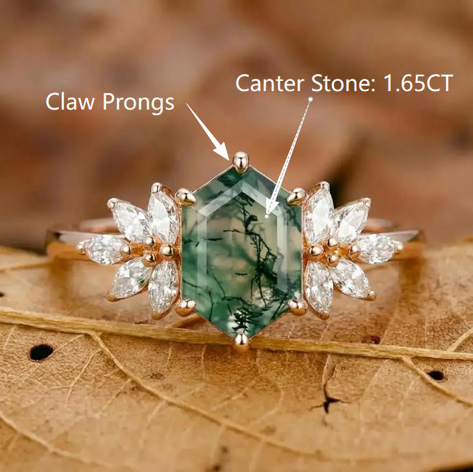 Custom Order - 1.65CT Elongated Hexagon Cut Moss Agate Ring Petal Shape Women Bridal Ring