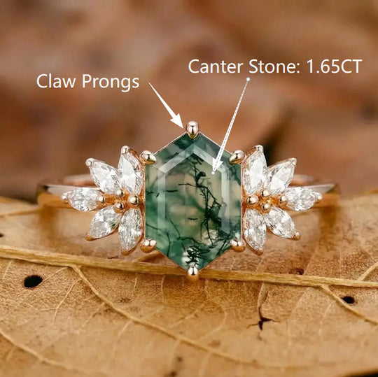 Custom Order - 1.65CT Elongated Hexagon Cut Moss Agate Ring Petal Shape Women Bridal Ring