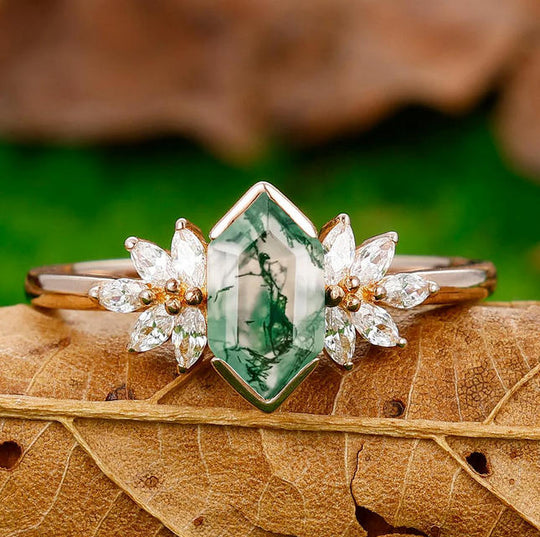 Custom Order - 1.65CT Elongated Hexagon Cut Moss Agate Ring Petal Shape Women Bridal Ring