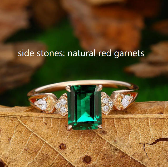 Custom Order - 6x8mm emerald cut emerald ring with red garnet side stones -  Esdomera.com