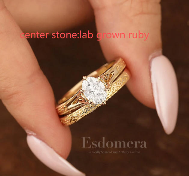 Custom Order - 2pcs Oval 1CT Ruby Bridal Ring Set Stacking Band -  Esdomera.com