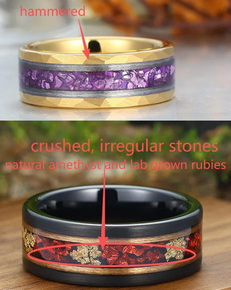 Custom Order - Amethyst And Ruby Tungsten Yellow Gold Plated Hammered Tungsten
