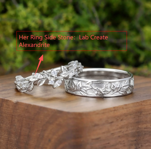 Custom Order - Moissanite Leaf Engraving Marriage Ring Set 2pcs Couple Rings