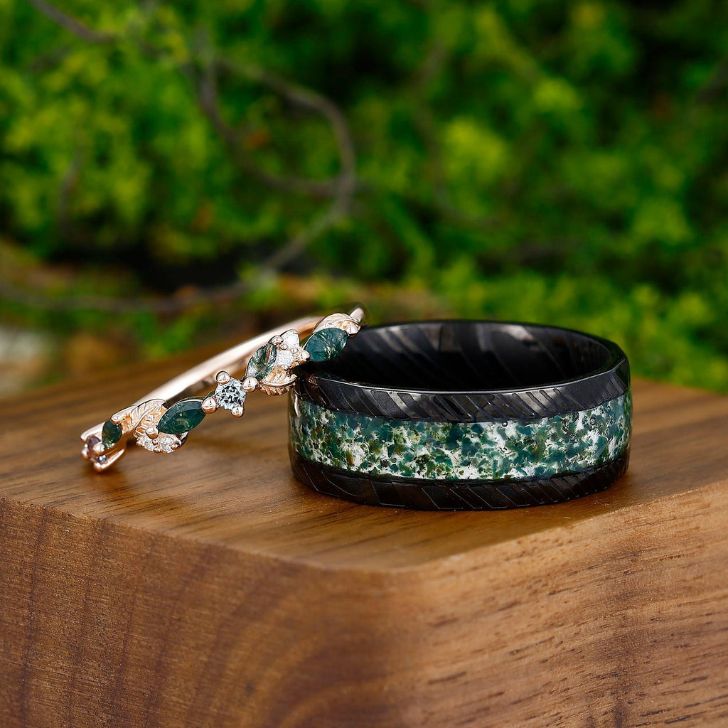 DHRUVIK CREATION Moss Agate & White Topaz Sterling Silver Ring Set - Couples Rings - View #5