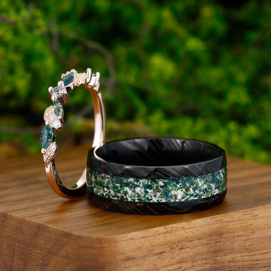 Alexandrite & Moss Agate Couples Ring 925 Sterling Silver Matching Nature Promise Ring - Esdomera