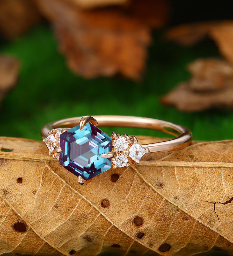Alexandrite Ring 5x10mm Hexagon Shaped Alexandrite Engagement Wedding Ring - Esdomera