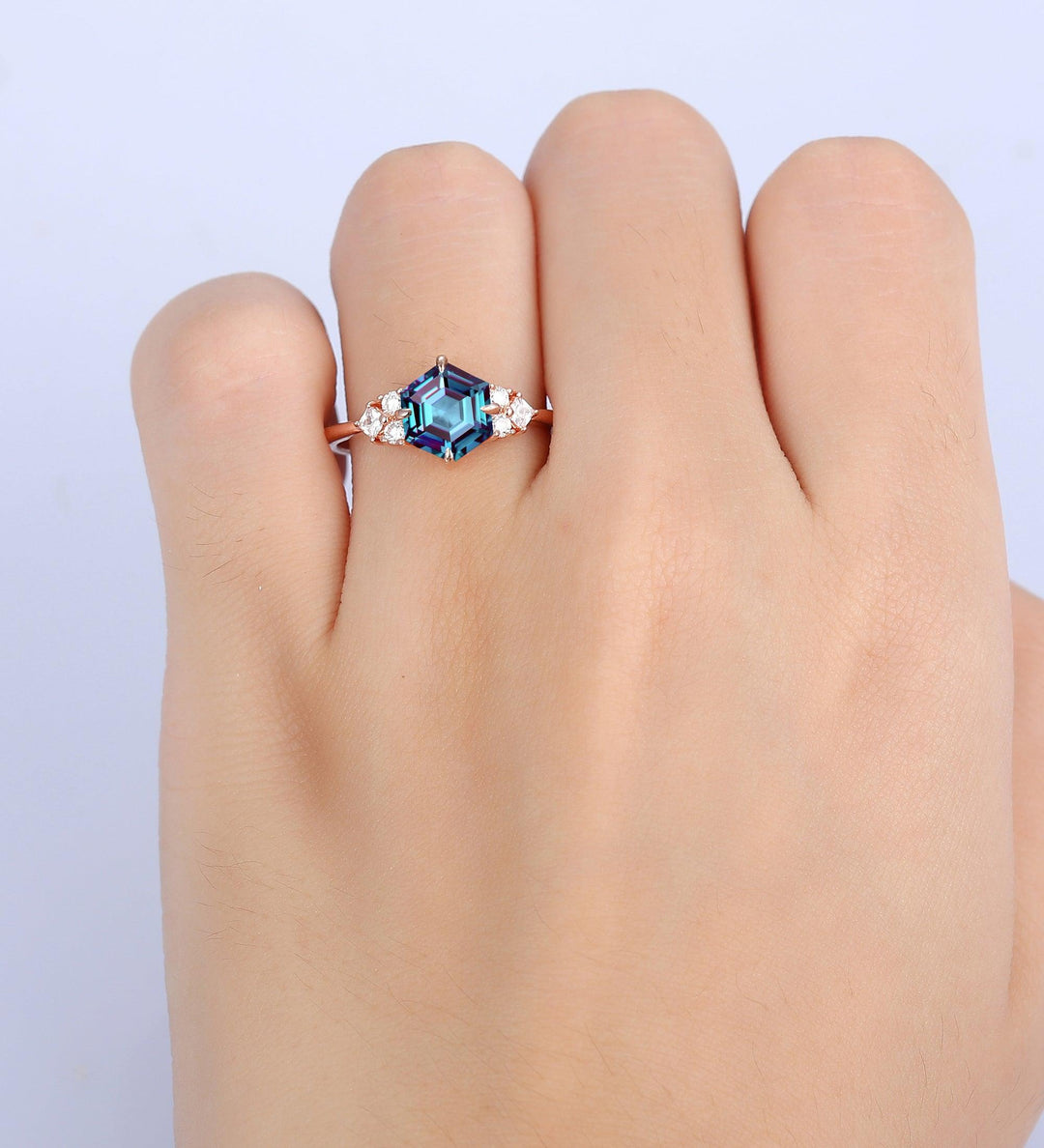Alexandrite Ring 5x10mm Hexagon Shaped Alexandrite Engagement Wedding Ring - Esdomera