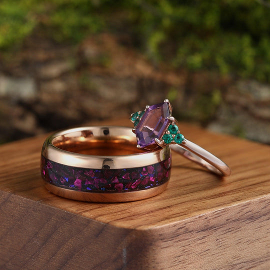 Amethyst & Galaxy Sandstone Couples Ring Set His and Hers Wedding Band Rose Gold Matching Ring February Birthstone - Esdomera