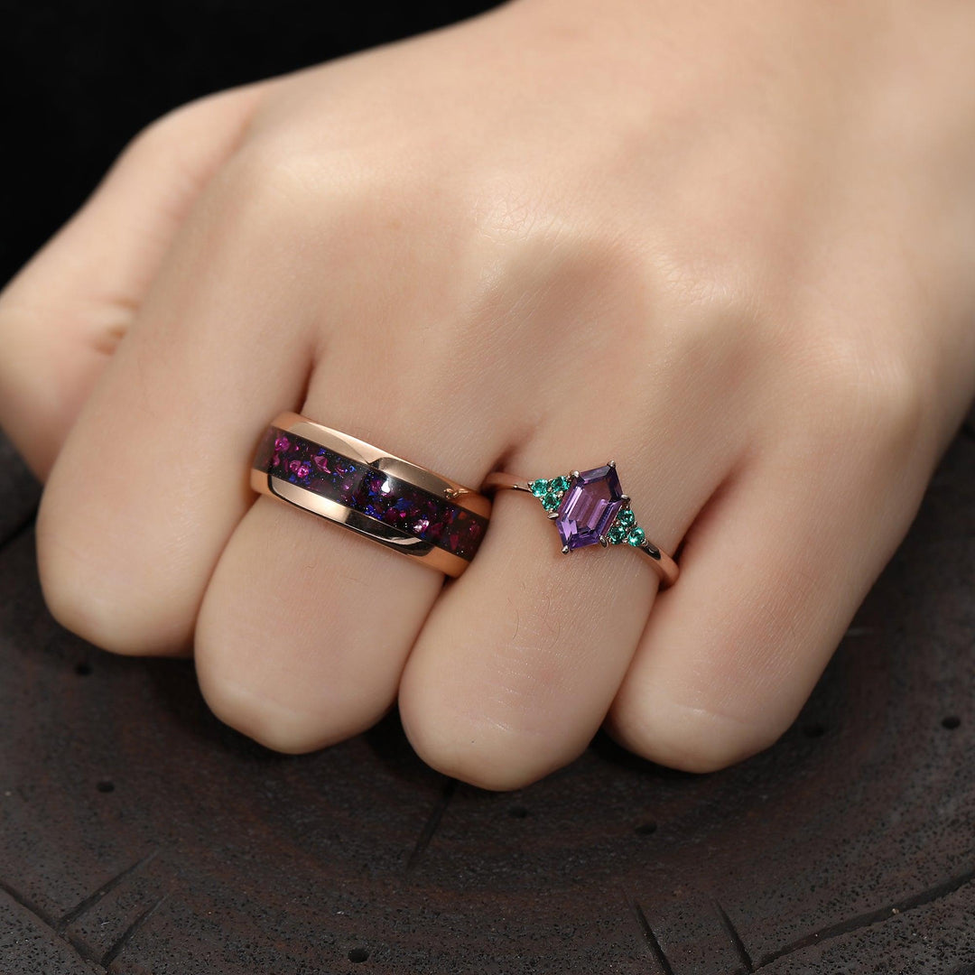 Amethyst & Galaxy Sandstone Couples Ring Set His and Hers Wedding Band Rose Gold Matching Ring February Birthstone - Esdomera