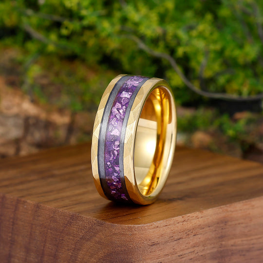 Amethyst Gemstone Inset Wedding Band Men's 8mm Personalized Anniversary Hammered Tungsten Ring - Esdomera