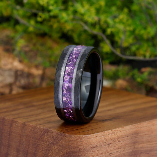 Amethyst Gemstone Inset Wedding Band Men's 8mm Personalized Anniversary Hammered Tungsten Ring - Esdomera