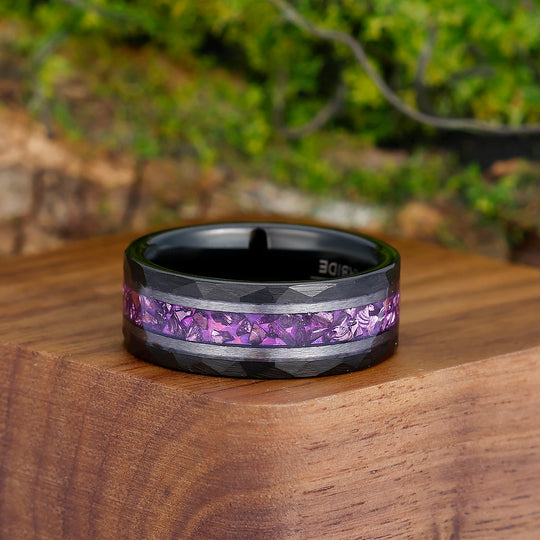 Amethyst Gemstone Inset Wedding Band Men's 8mm Personalized Anniversary Hammered Tungsten Ring - Esdomera