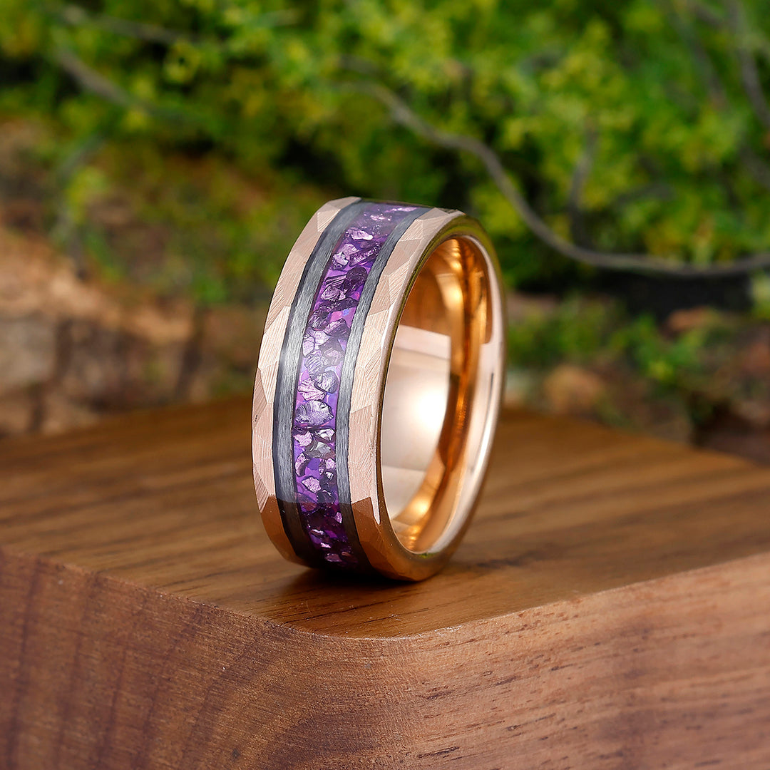 Amethyst Gemstone Inset Wedding Band Men's 8mm Personalized Anniversary Hammered Tungsten Ring - Esdomera