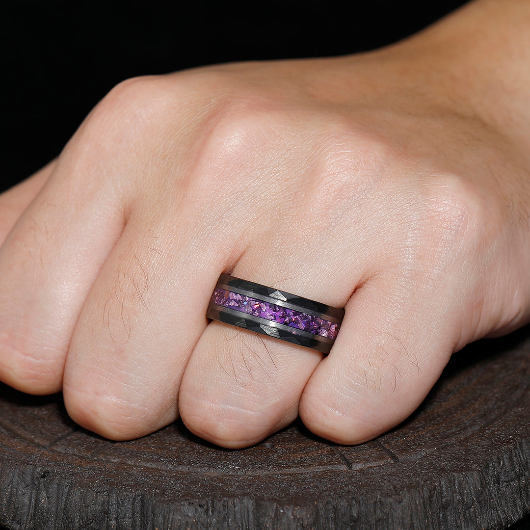 Amethyst Gemstone Inset Wedding Band Men's 8mm Personalized Anniversary Hammered Tungsten Ring - Esdomera